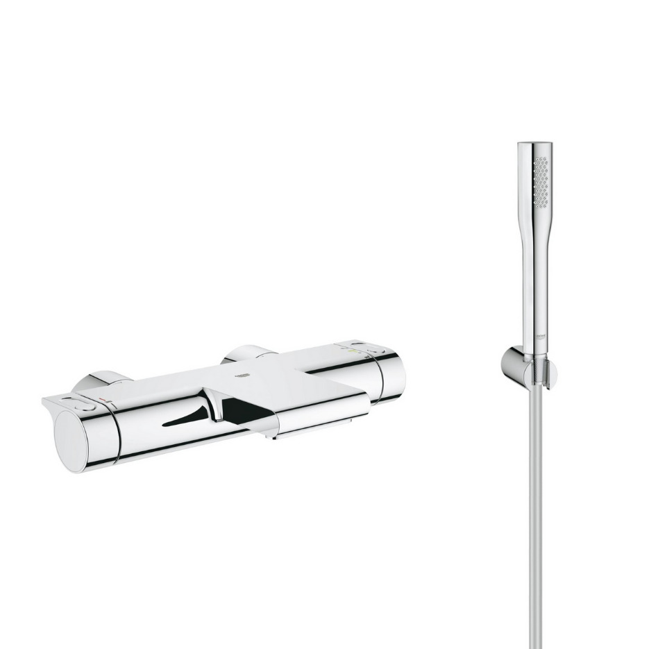 Grohe Grohtherm thermostatic bath/shower mixer + 1 jet hand shower + and wall bracket, Chrome (34174001-Euphoria) - Bathroom2kitchen