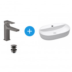 Swiss Aqua Technologies Infinitio white washbasin set + Hansgrohe Metropol 110 basin mixer with black brushed chrome drain (SATINF6040-SET)