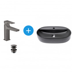 Swiss Aqua Technologies Set Matt black Infinitio basin + Hansgrohe 110 basin mixer with black brushed chrome drain (SATINF6040BKM-SET)