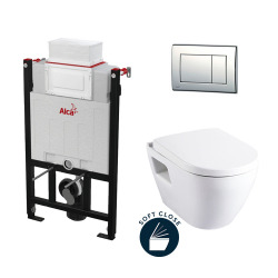 Alca Toilet set  85cm support frame + Solido Compact bowl with softclose seat + Chrome flush plate (Alca85Sm10-1)