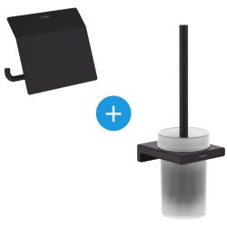 Hansgrohe AddStoris Toilet paper holder set with cover + Wall mounted toilet brush holder in glass matt, Black matt (41753670-Addstoris)